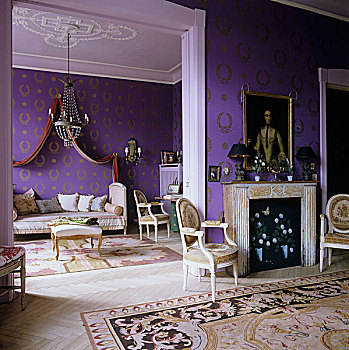 壁炉,房间,入口,客厅,紫色,壁纸,金色,图案
