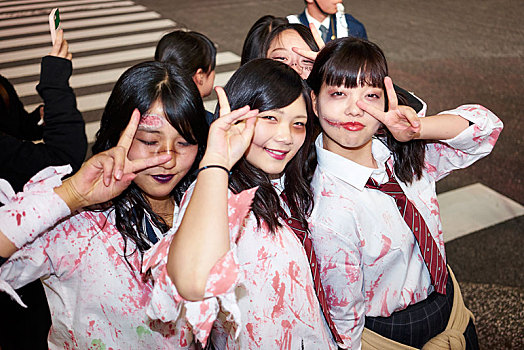 日本,女孩,衣服,校服,血,衬衫,万圣节,庆贺,涩谷