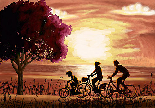 插画,家庭,骑自行车,海滩,日落