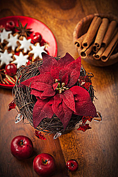 圣诞节,花,装饰,木桌子