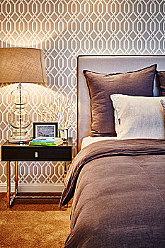 枕头,双人床,软垫,床头板,壁纸,米色,复古,图案