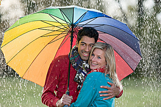 微笑,情侣,伞,享受,雨