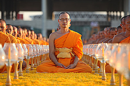 僧侣,坐,排列,沉思,寺院,庙宇,地区,曼谷,泰国,亚洲,重要,图像,五月