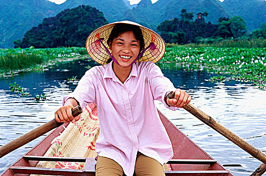 越南,河内,越南人,女孩,划船,小船