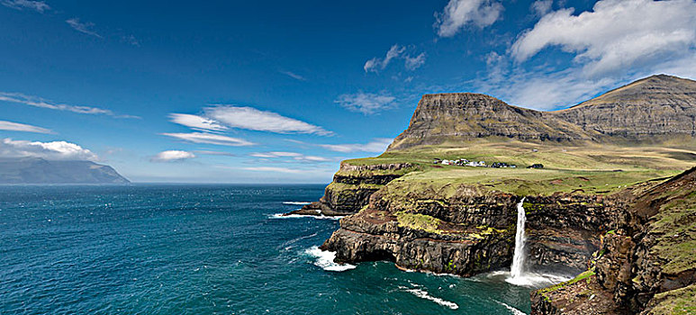 悬崖,瀑布,靠近,乡村,岛屿,后面,法罗群岛,丹麦,欧洲