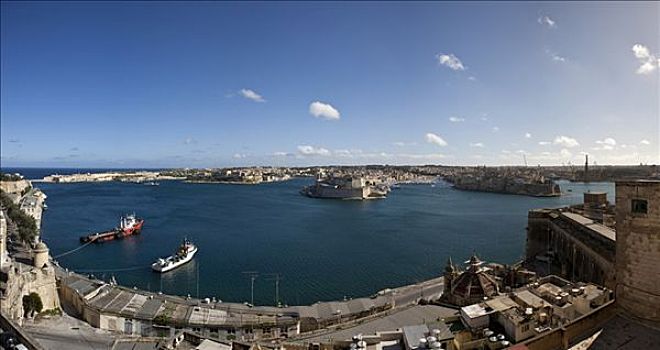 瓦莱塔市,格兰德港,左边,堡垒,森格莱阿,背影,港口,马耳他,码头,正面,欧洲