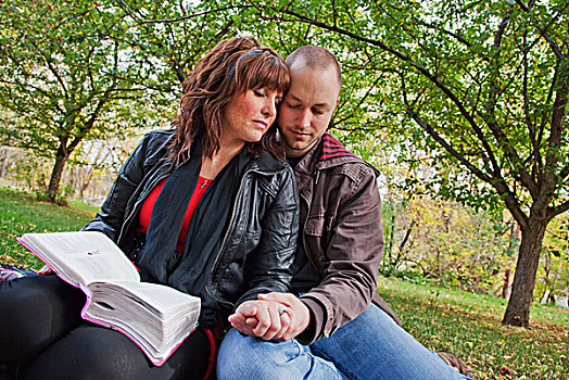 伴侣,读,圣经,祈祷,一起,公园,艾伯塔省,加拿大