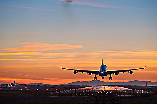 空中客车,a340,降落,黄昏,温哥华国际机场