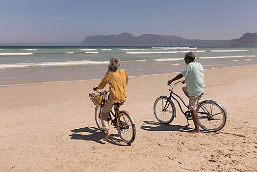 老年,夫妻,自行车,站立,海滩,山,背景