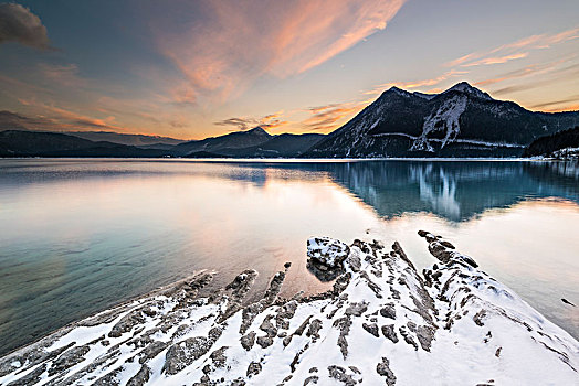 石头,岸边,瓦尔幸湖,巴伐利亚阿尔卑斯山,冬天,雪,夜光