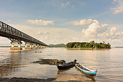 桥,河,道路,铁路桥,船,孟邦,缅甸
