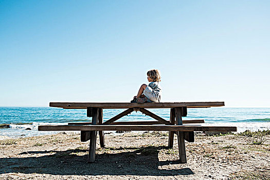 男孩,坐,野餐桌,海滩