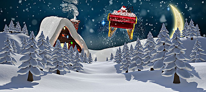 合成效果,图像,圣诞老人,飞,雪撬,圣诞节,房子