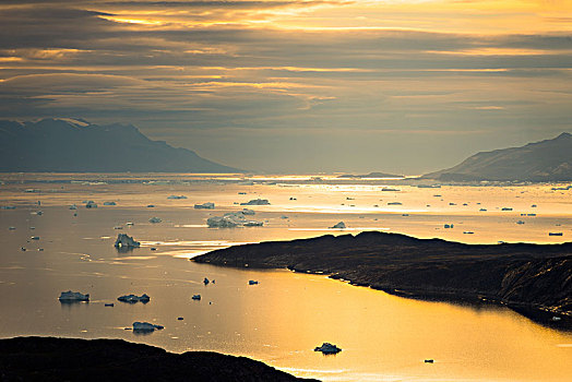冰山,峡湾,围绕,山,黃昏,西格陵兰,格陵兰,北美