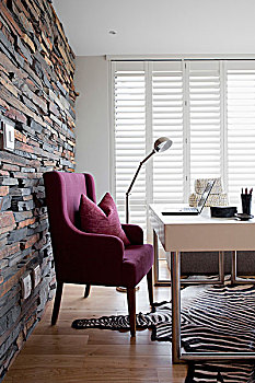 紫色,扶手椅,现代,书桌,地毯,屋角,墙壁