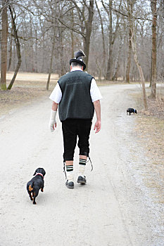 男人,民族服饰,走,两个,达克斯犬,背面视角