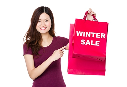 亚洲女性,手指,购物袋,展示,冬季销售