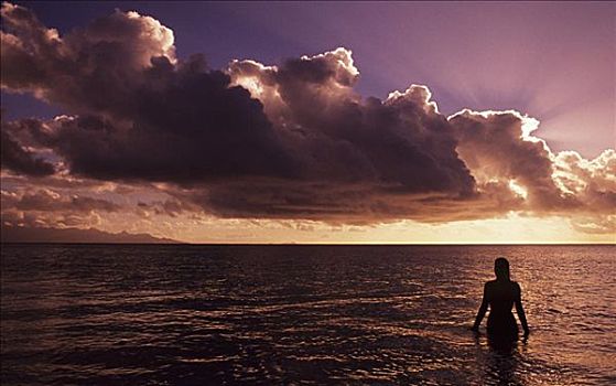 斐济,瓦卡亚岛,女人,海洋,剪影,日落