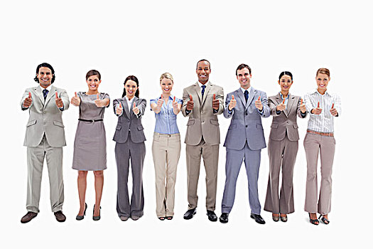 微笑,企业团队,并排,竖大拇指,白色背景