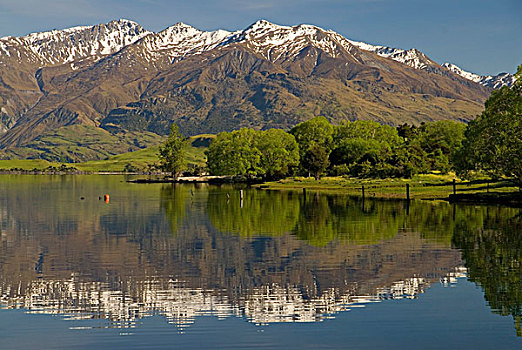 山峦,南阿尔卑斯山,反射,平静,水,瓦纳卡湖,南岛,新西兰
