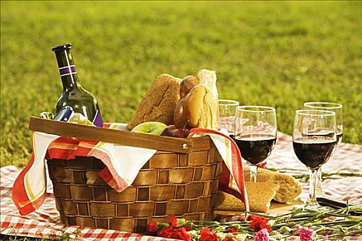 特写,葡萄酒瓶,面包,水果,野餐篮