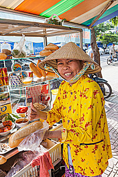 越南,芽庄,路边,销售,棍子面包三明治