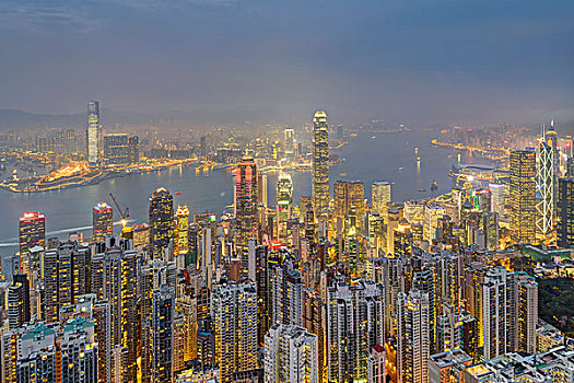 天际线,维多利亚港,太平山,香港岛,香港,中国