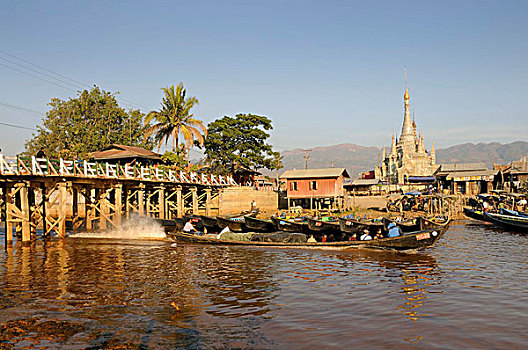 码头,桥,塔,水道,茵莱湖,掸邦,缅甸,东南亚,亚洲