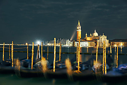 模糊,小船,正面,教堂,圣乔治奥,马焦雷湖,夜晚,威尼斯,意大利