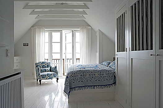 双人床,蓝色,图案,遮盖,现代,乡村风格,卧室
