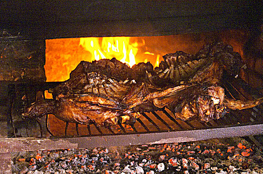 肉,烧烤,羊羔肉,猪肉,上方,木碳,正面,火,酒栈,葡萄酒厂,乌拉圭,南美