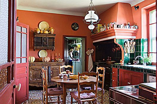 红色,普罗旺斯,厨房,地砖,传统,家具