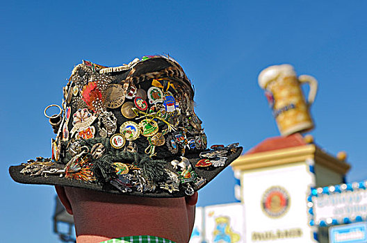 传统,帽子,许多,正面,啤酒,塔,慕尼黑,上巴伐利亚,巴伐利亚,德国,欧洲