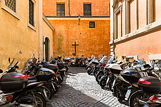 排列,停放,摩托车,十字架,墙壁,建筑,罗马,意大利