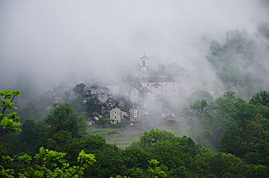 建筑,乡村,重,雾,提契诺河,瑞士