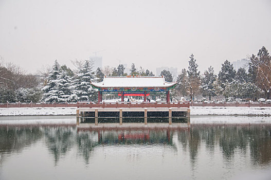冬季公园的中式建筑景观