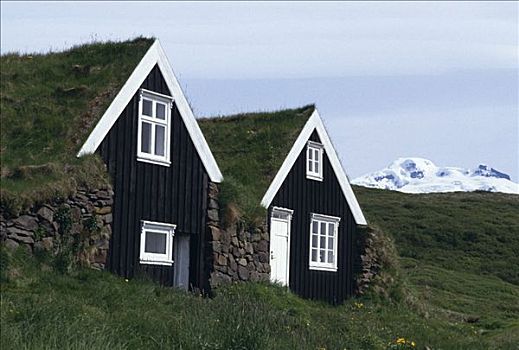 博物馆,老,木质,小屋,后面,山,斯卡夫塔菲尔国家公园,冰岛,欧洲