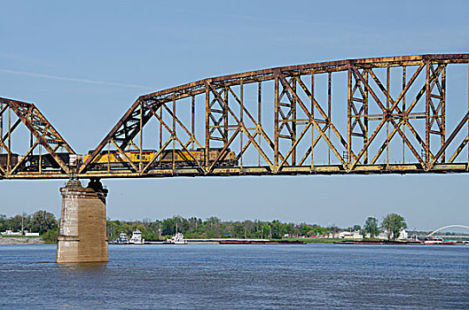 美国,肯塔基,俄亥俄河,靠近,密西西比河,连通,货运列车,旅行,桥,上方