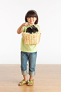女孩,拿着,篮子,兔子,三个,山,艾伯塔省,加拿大