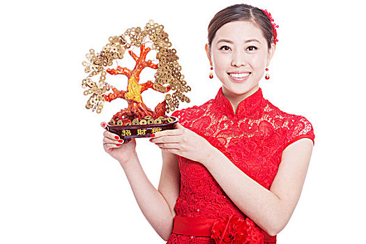 年轻,亚洲女性,红色,旗袍,幸运,树,春节