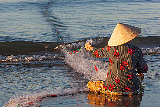 越南,美尼,海滩,网,女渔者