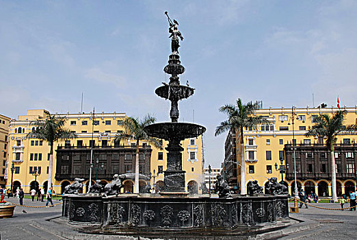 喷泉,广场,阿玛斯,利马,历史,中心,秘鲁,南美,拉丁美洲
