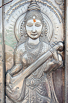 印度教,银,女神,拿着,音乐,器具,智慧,学习,寺庙,毗湿奴,庙宇,阿姆利则,旁遮普,南亚,亚洲