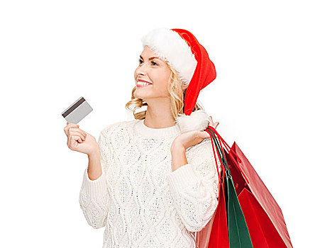 销售,礼物,圣诞节,圣诞,概念,微笑,女人,圣诞老人,帽子,购物袋,信用卡