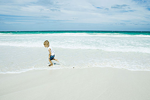 孩子,跑,海浪,海滩