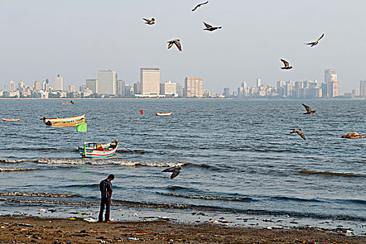 印度,男人,小便,海滩,孟买,亚洲