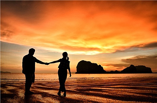 浪漫,情侣,握手,日落,海滩