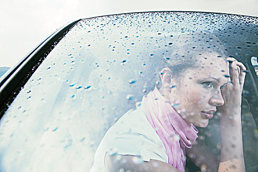 脸,后面,汽车,风档玻璃,雨,白日梦
