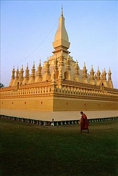 老挝,万象,和尚,走,过去,塔銮寺,庙宇,条纹状