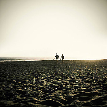 两个人,剪影,落日,海滩,加利福尼亚,美国